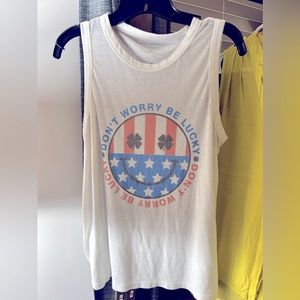 LUCKY BRAND Don't Worry Be Lucky Smile Faded Graphic Tee Tank White EUC Medium